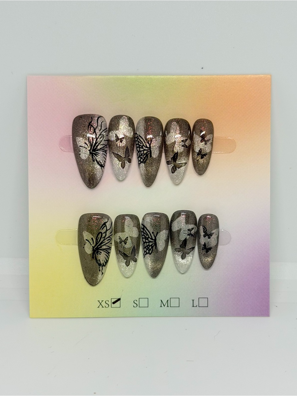 Butterfly Accent Press-On Nail Set - Metallic Gray